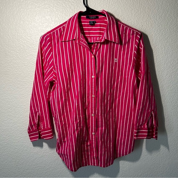 Chaps Barbie Pink Academia 3/4 Sleeve, Striped, Button Down, Preppy Shirt - Picture 1 of 7